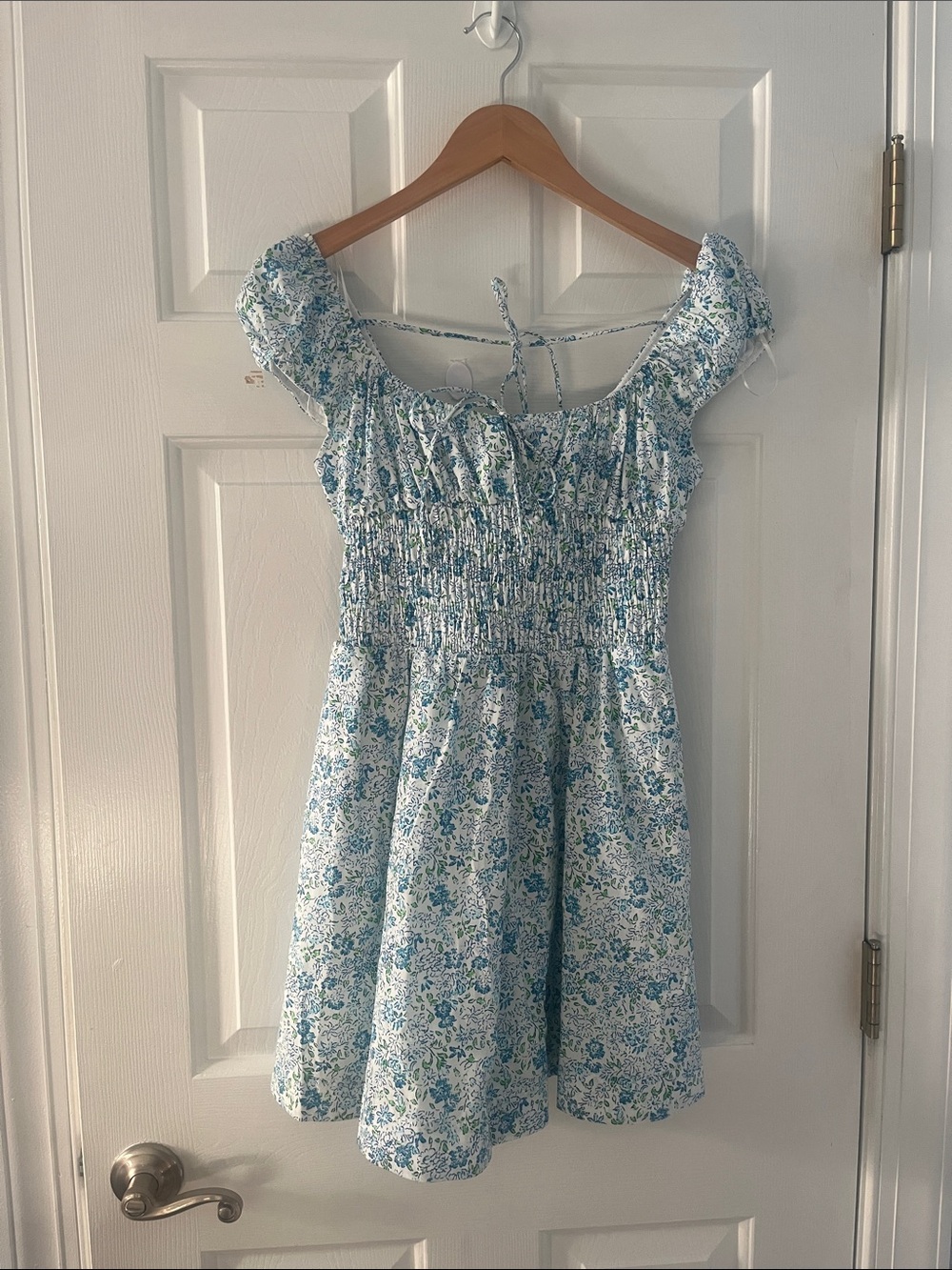 Anthropologie Blue & White Floral Smocked Mini Dress with Tie-Back